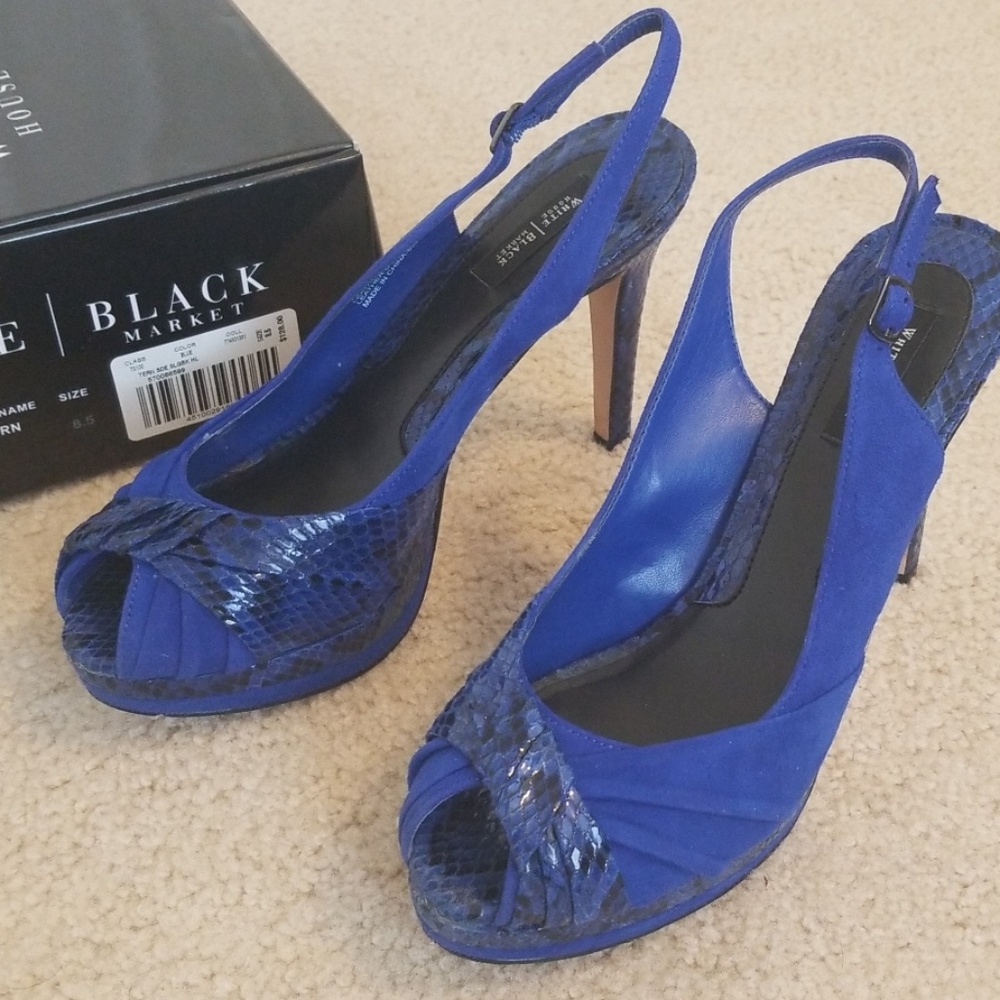 WHBM blue suede peeptoe with snakeskin heel